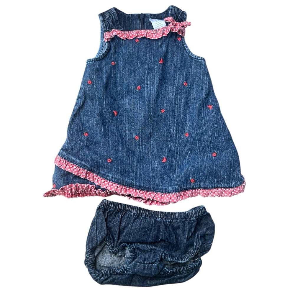 Vtg Y2K 2005 GYMBOREE Ladybug Baby Set Dress And Bloomers Denim Size‎ 6-12M